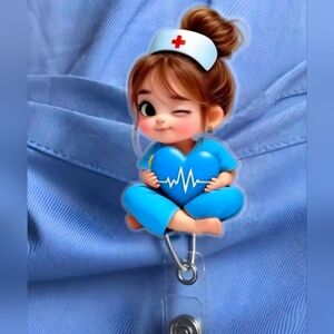Nurses Love Heart Blue Seated Custom Acrylic Name Badge ID holder